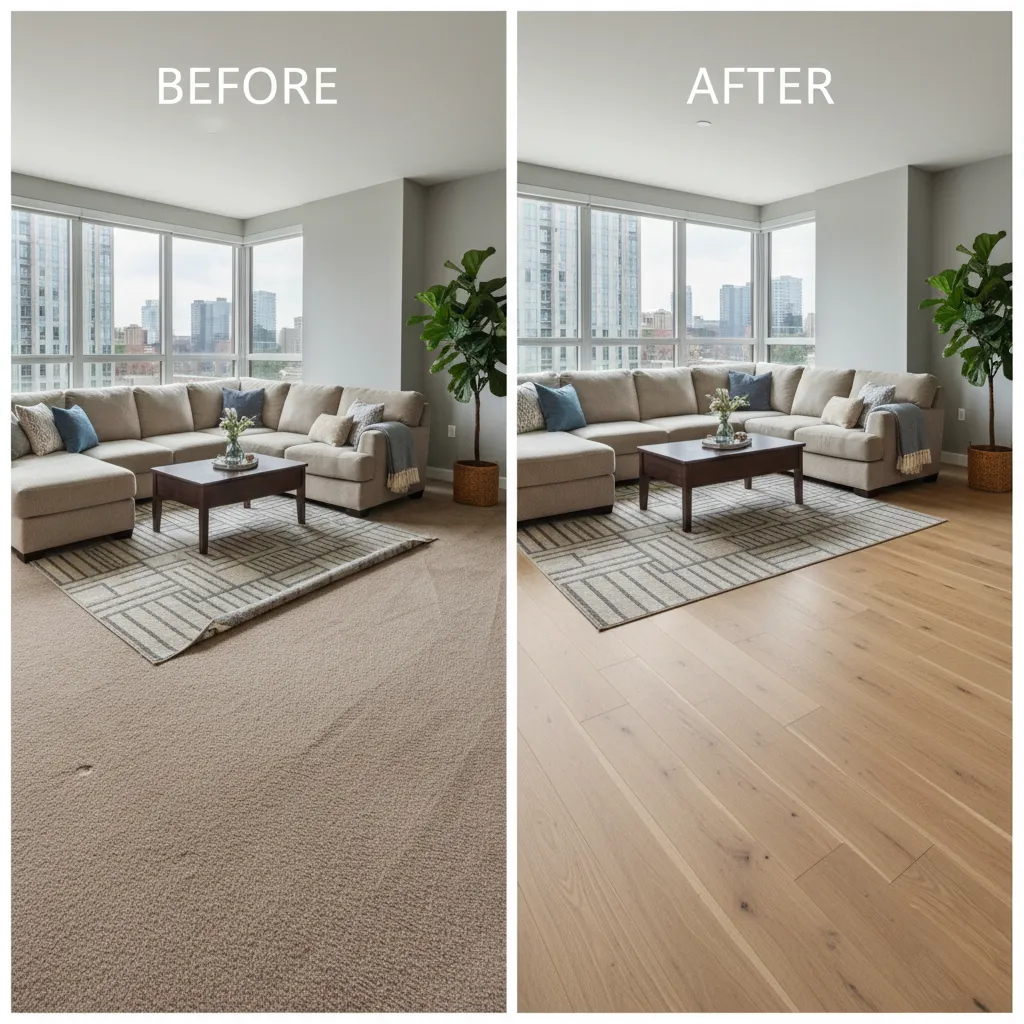Before and after comparison photo showing a living room with old beige carpet on the left and new light-colored engineered hardwood flooring installed on the right.
